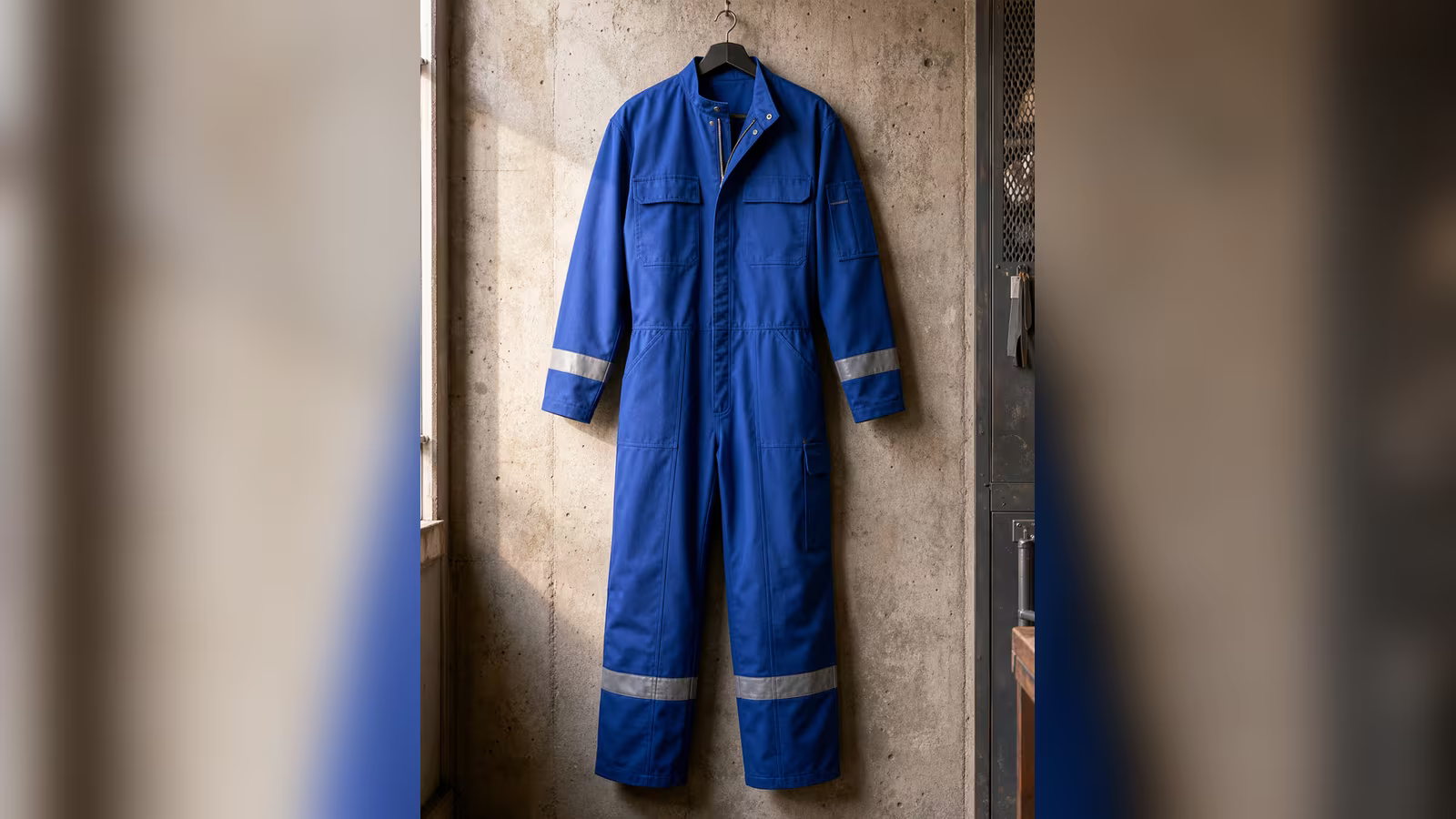 Overol ignífugo azul con cintas reflejantes colgado en un muro de concreto