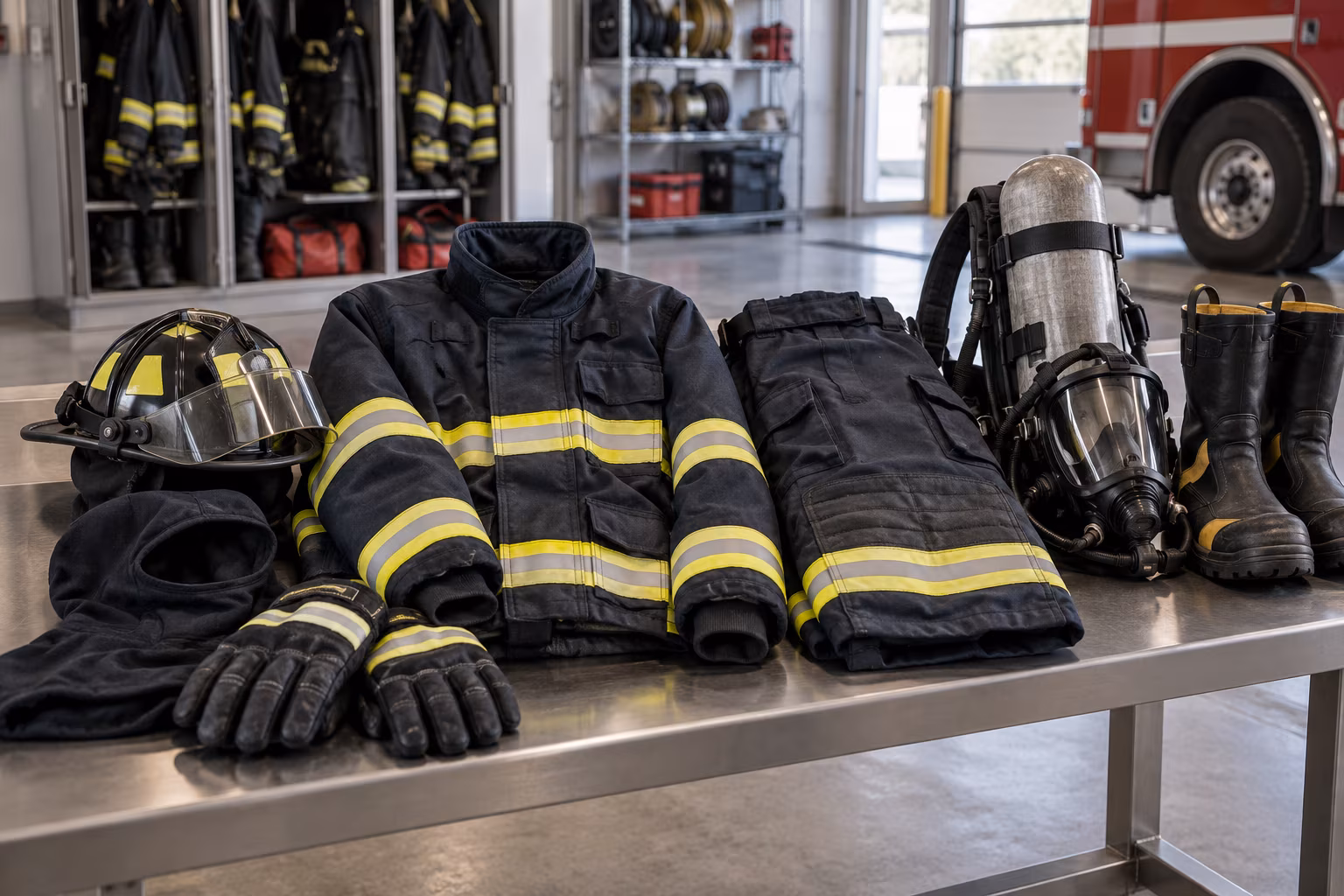 Bombero con uniforme de estación y equipo de protección para combate de incendios