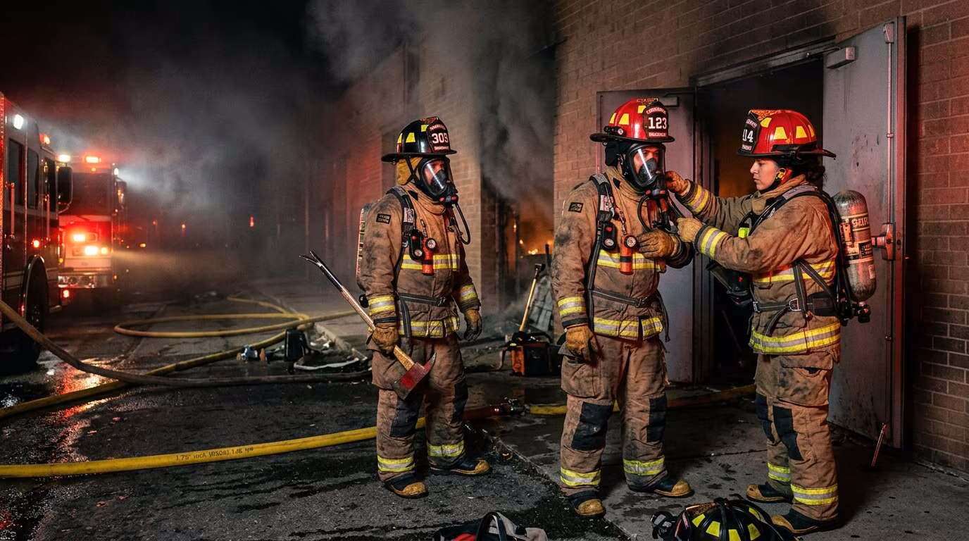 Bomberos con equipo de protección completo durante una operación